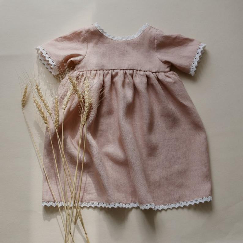 Girls Solid Color Linen Cotton Lace Pleated Dress