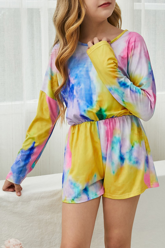 Yellow Long Sleeve Elastic Waist Tie-Dye Girl's Romper