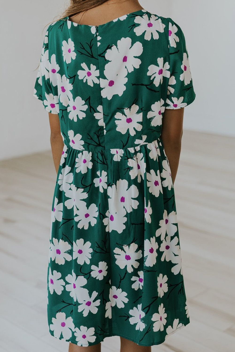 Green Crewneck Short Sleeve Pockets Floral Girl's Midi Dress