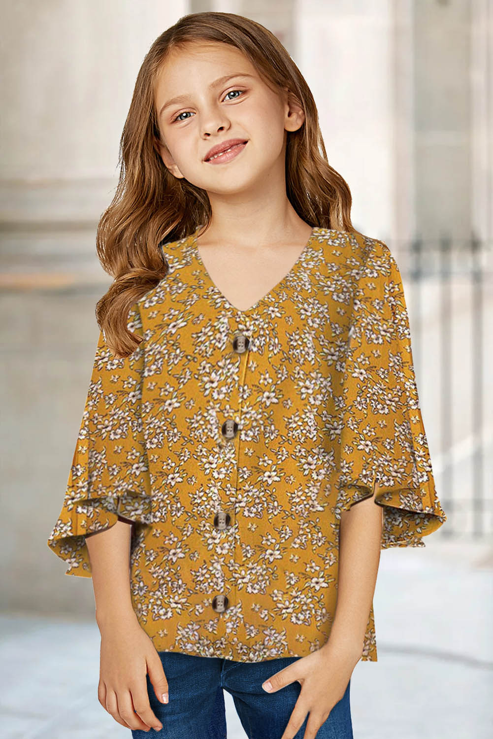 Yellow Floral V Neck Ruffled Sleeve Buttons Girl's Blouse