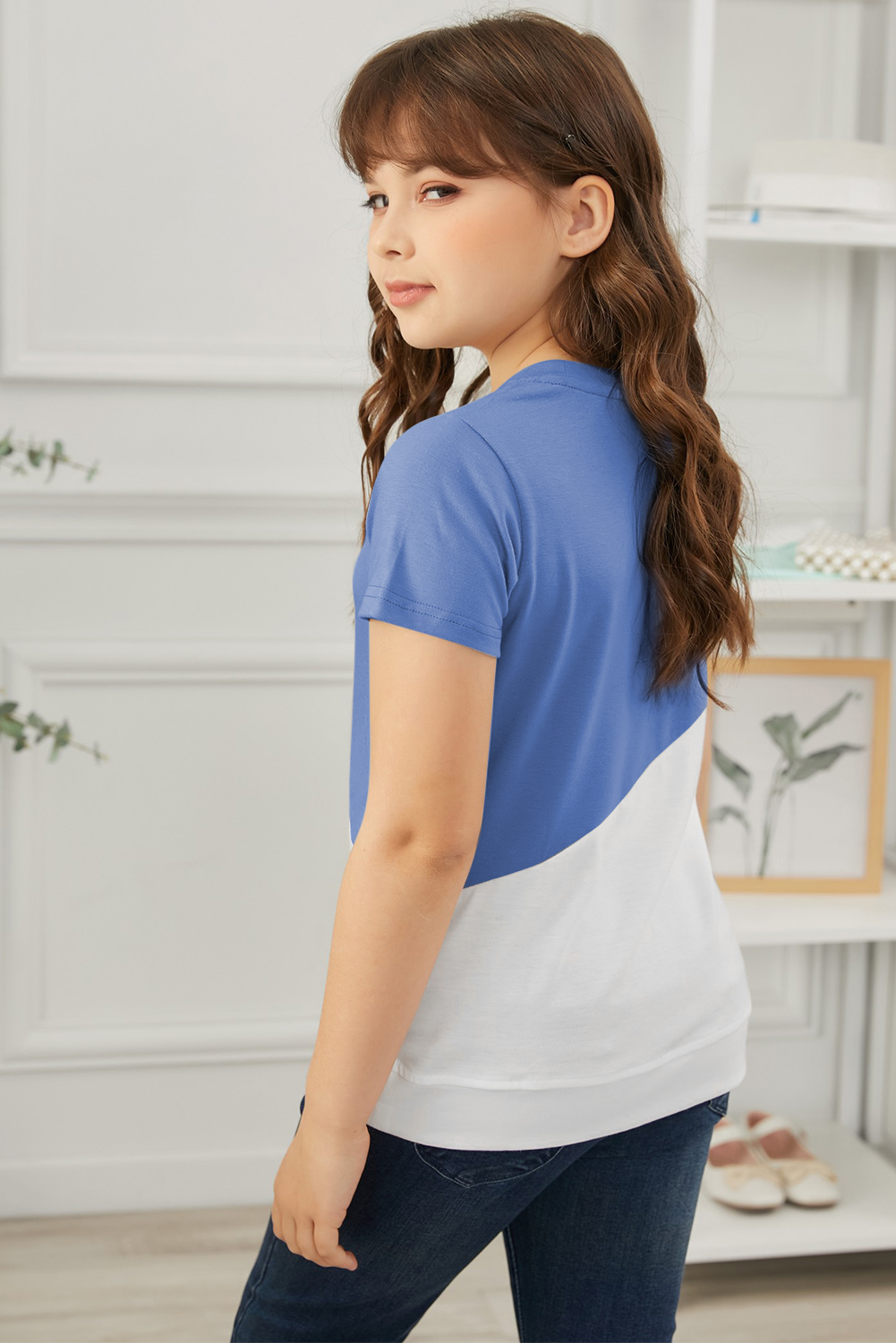 Sky Blue Colorblock Splicing Little Girl Tee