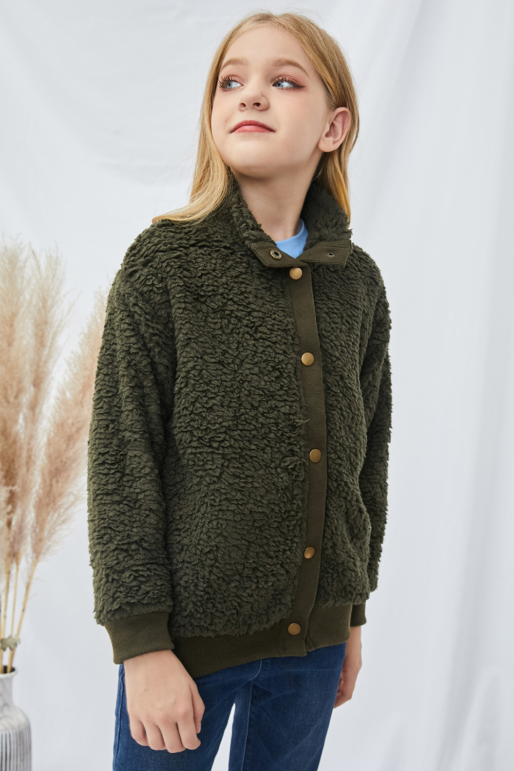 Green Buttoned Solid Fleece Girl's Coat