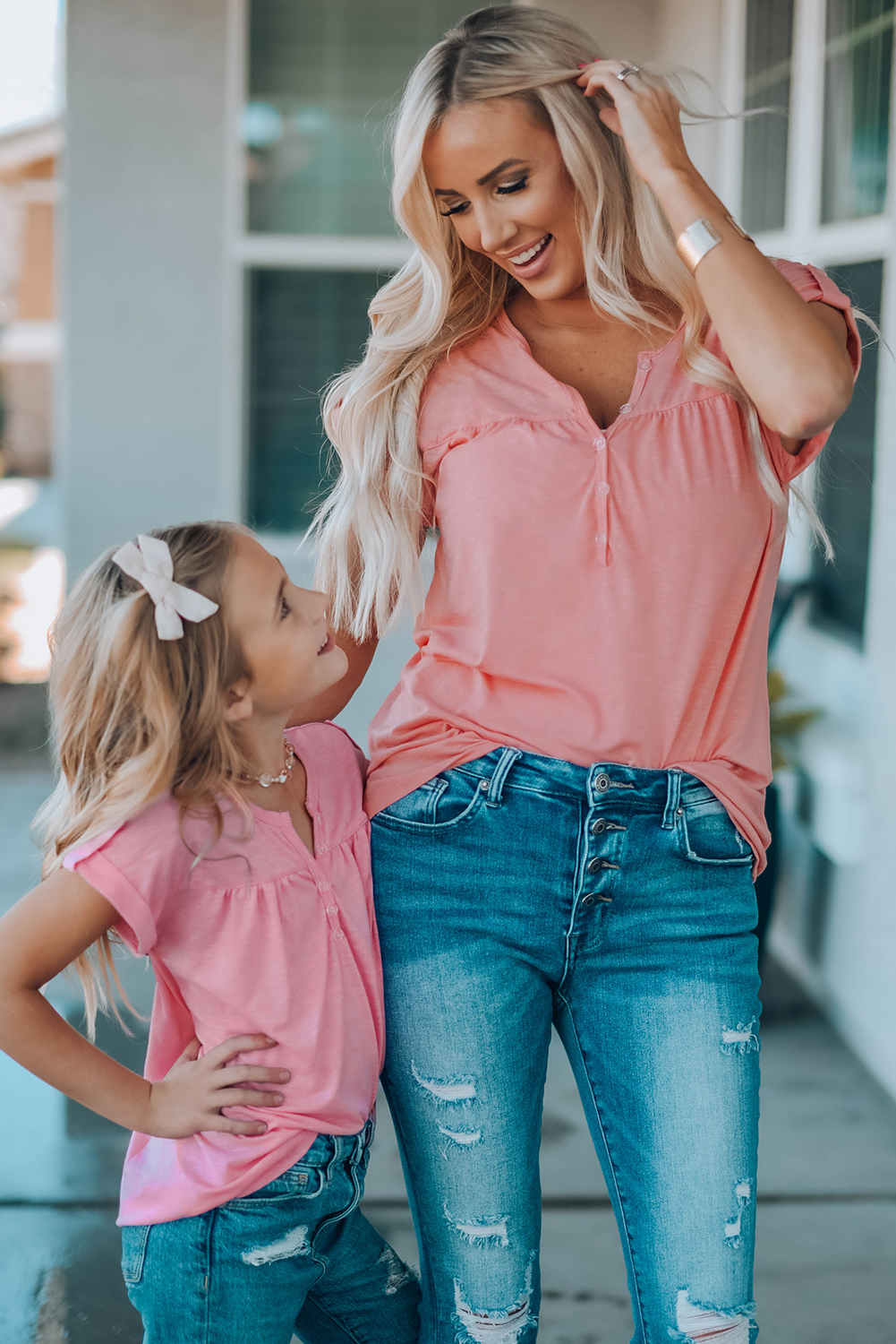 Pink Roll Up Short Sleeve Girls' Top With Buttons