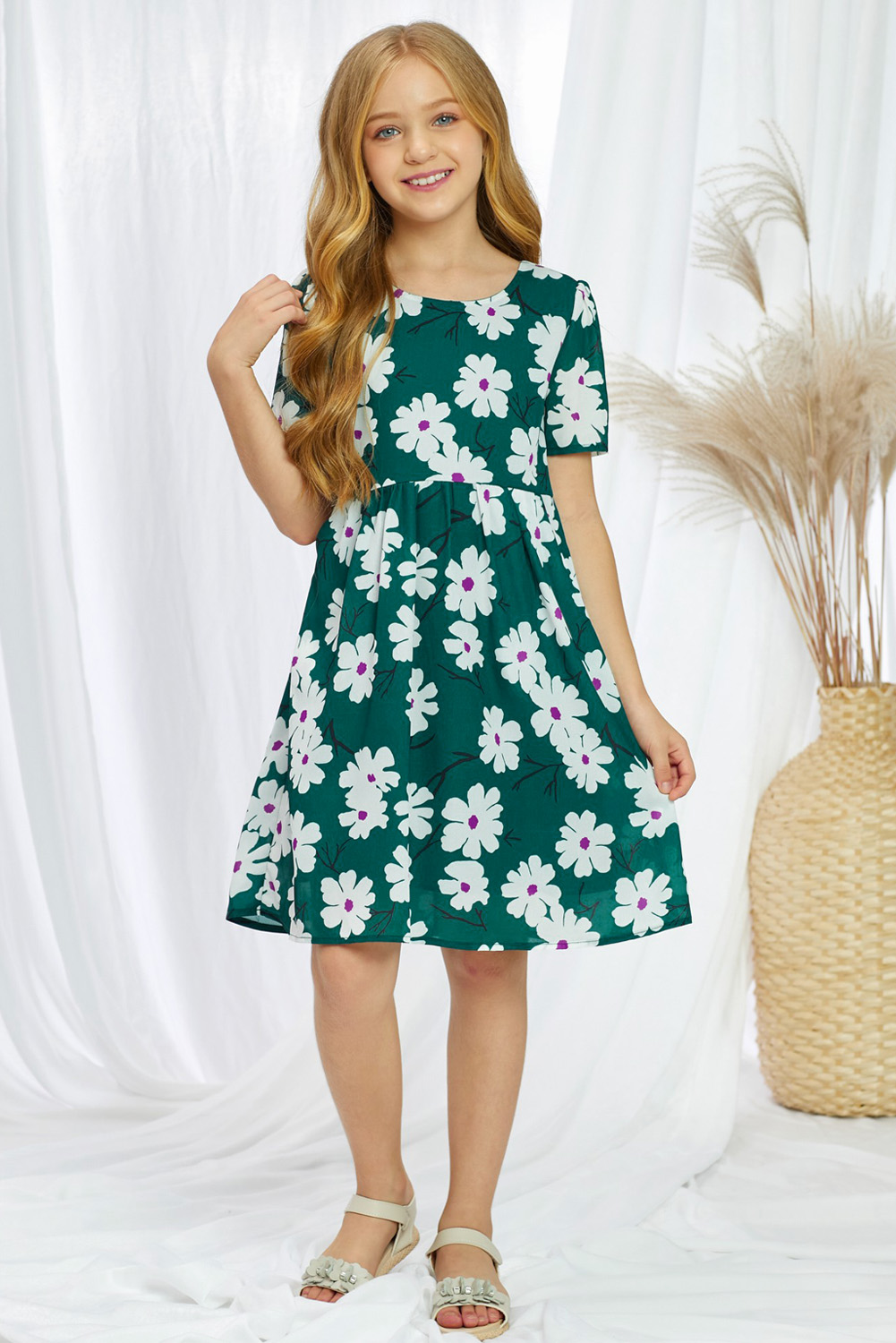 Green Crewneck Short Sleeve Pockets Floral Girl's Midi Dress