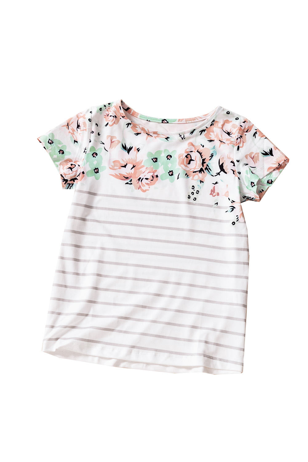 White Round Neck Floral Striped Print Kid's Tee