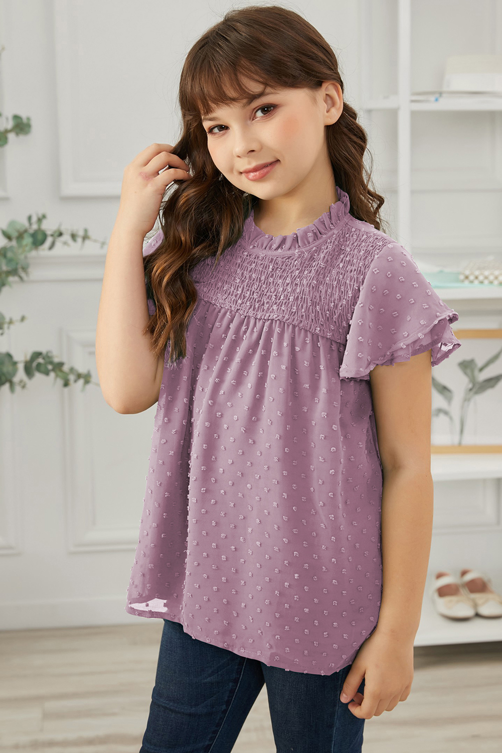 Purple Little Girl Swiss Dot Ruffle Sleeves Top