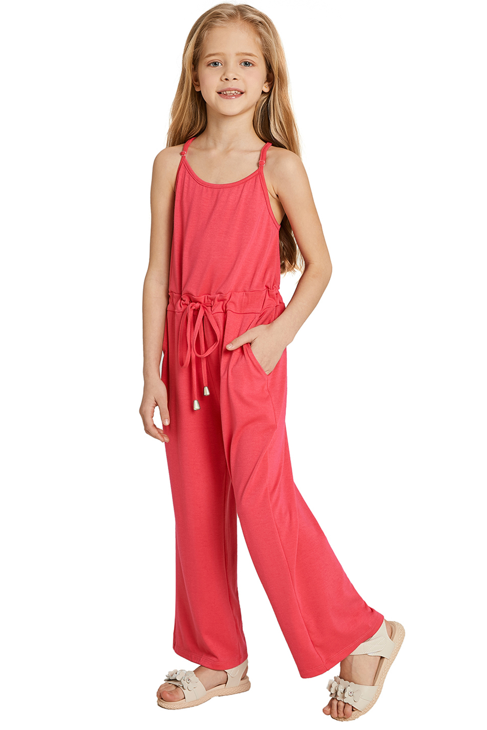 Red Spaghetti Strap Wide Leg Girls Jumpsuit