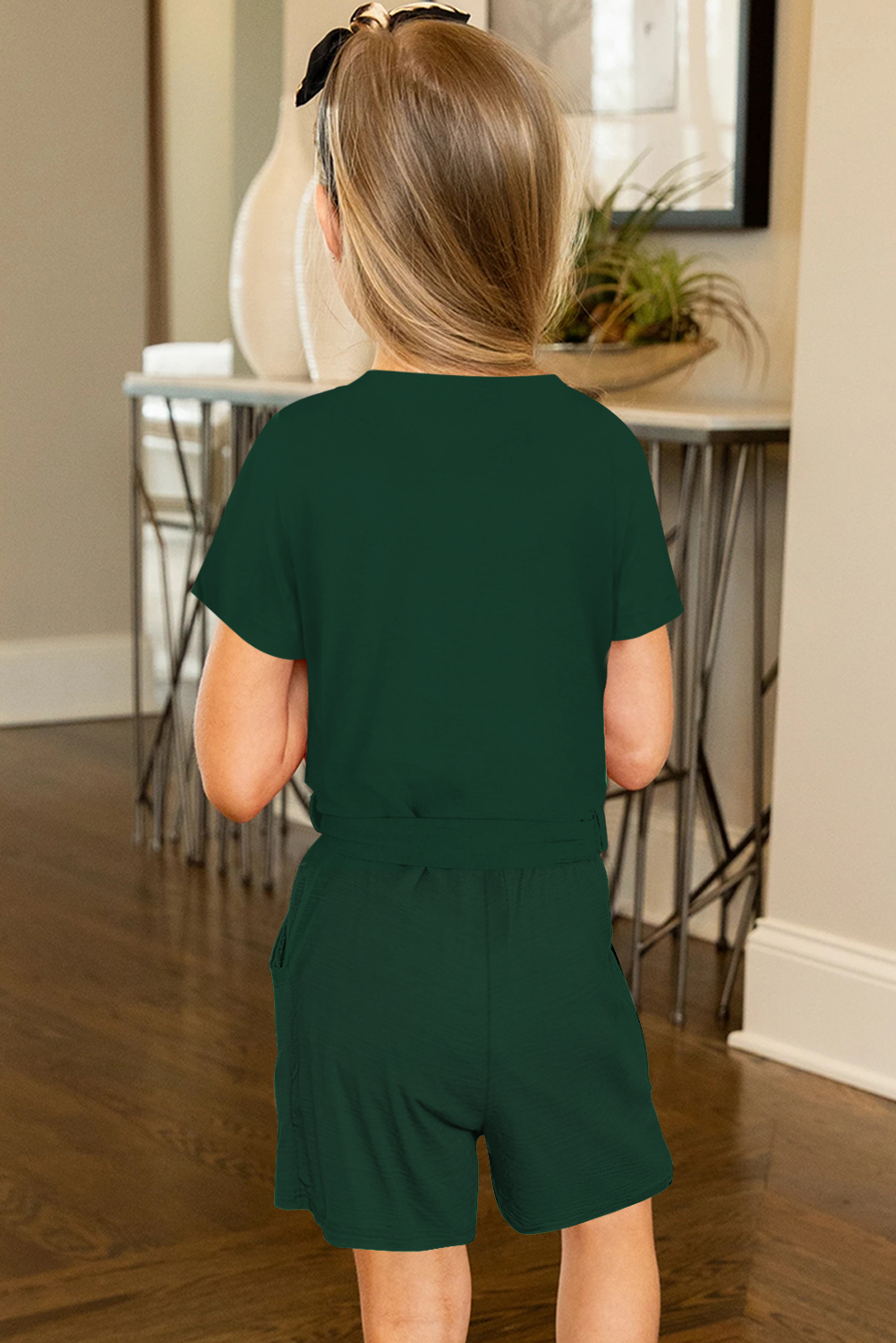 Green Tie Waist V Neck Short Sleeve Girl's Romper