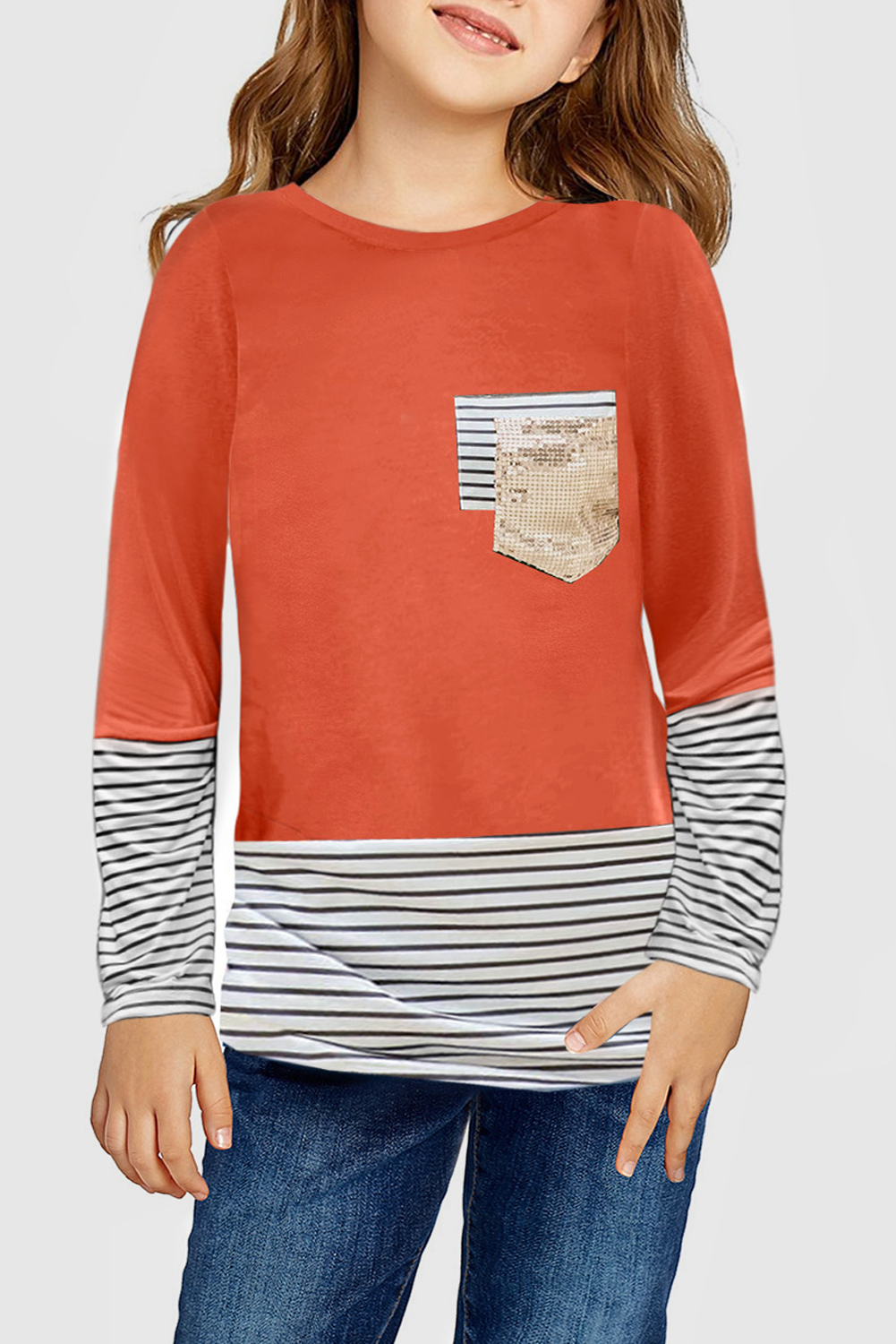 Stripe Patchwork Sequin Pocket Long Sleeve Girl's Top