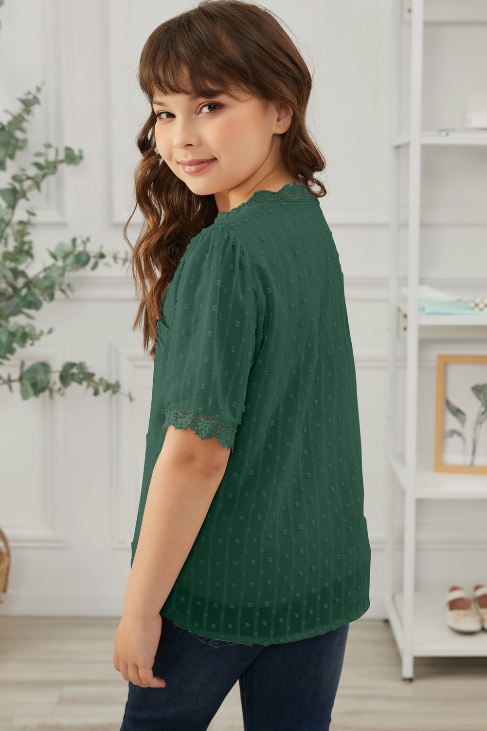 Green Swiss Dot Lace Short Sleeve Girls Top