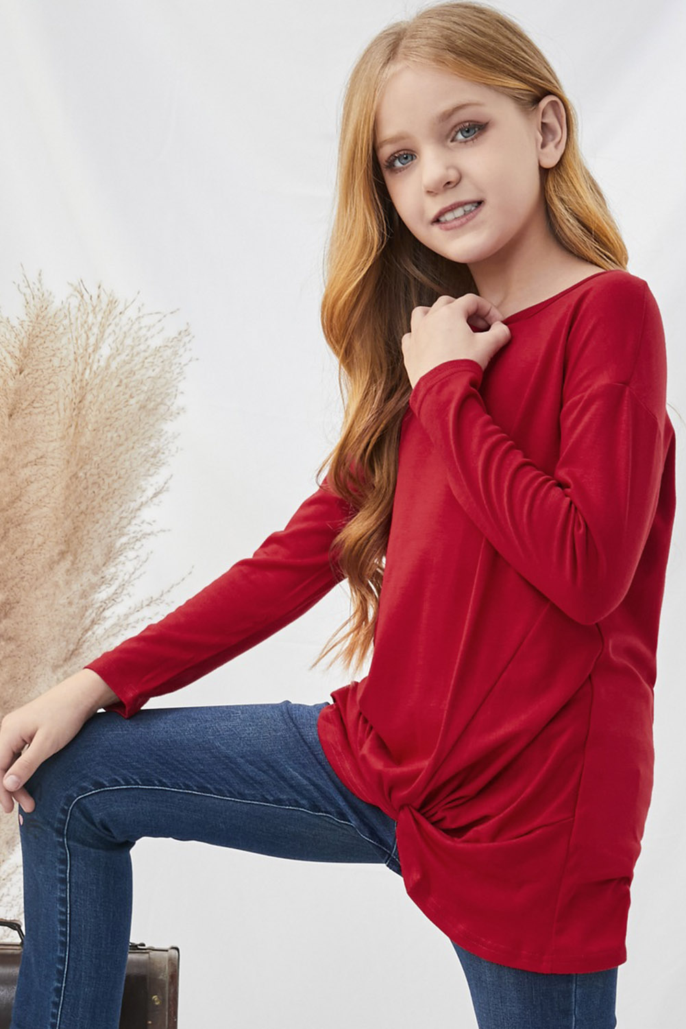 Red Twist Knot Detail Long Sleeve Girl’s Top