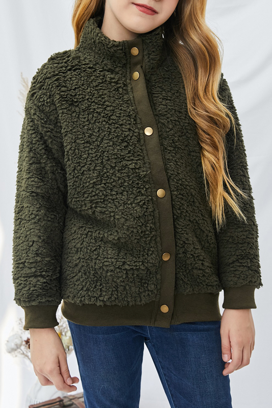 Green Buttoned Solid Fleece Girl's Coat