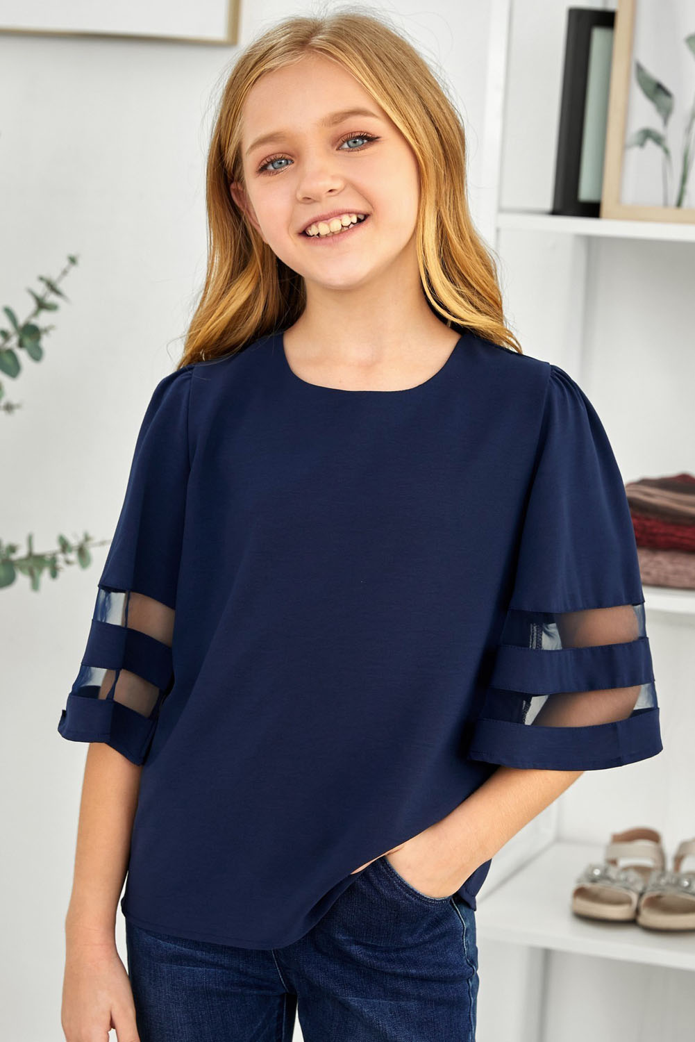 Dark Blue Girl's 3/4 Bell Sleeve Mesh Panel Blouse