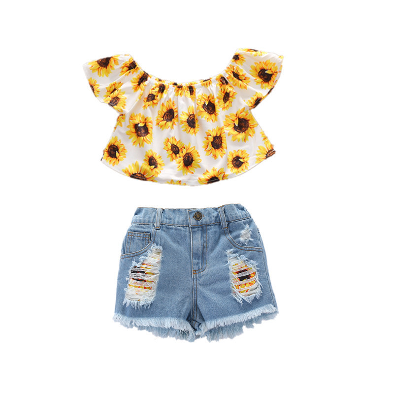 Girl's Sunflower Top & Ripped Denim Shorts Set