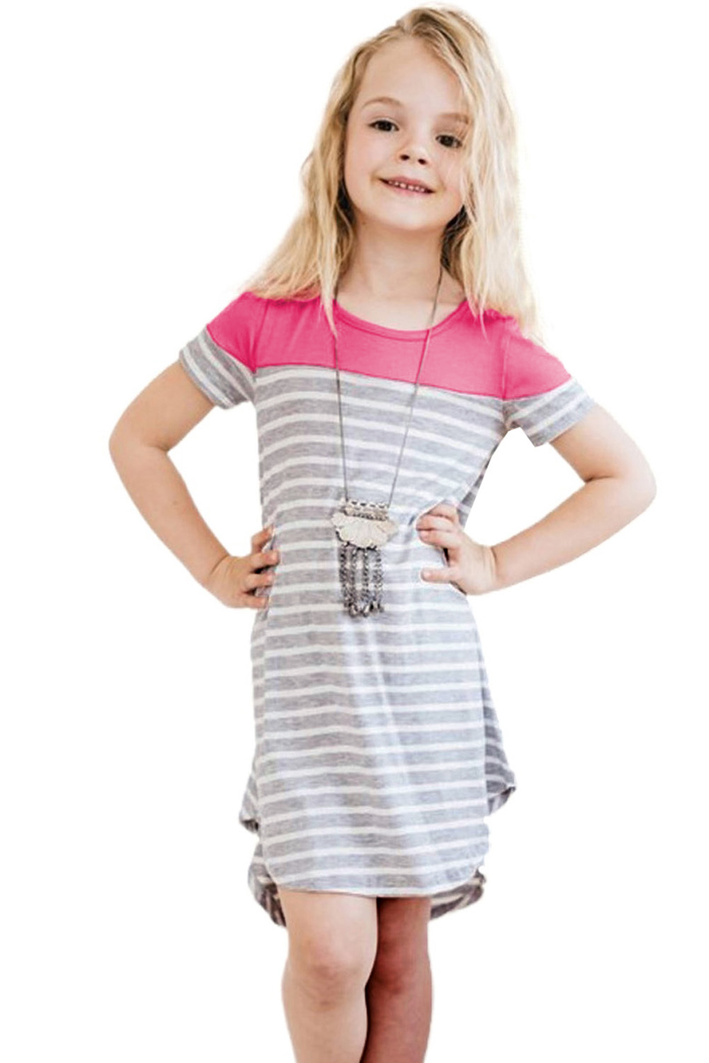 Rose Colorblock Patchwork Striped Girls' Dress