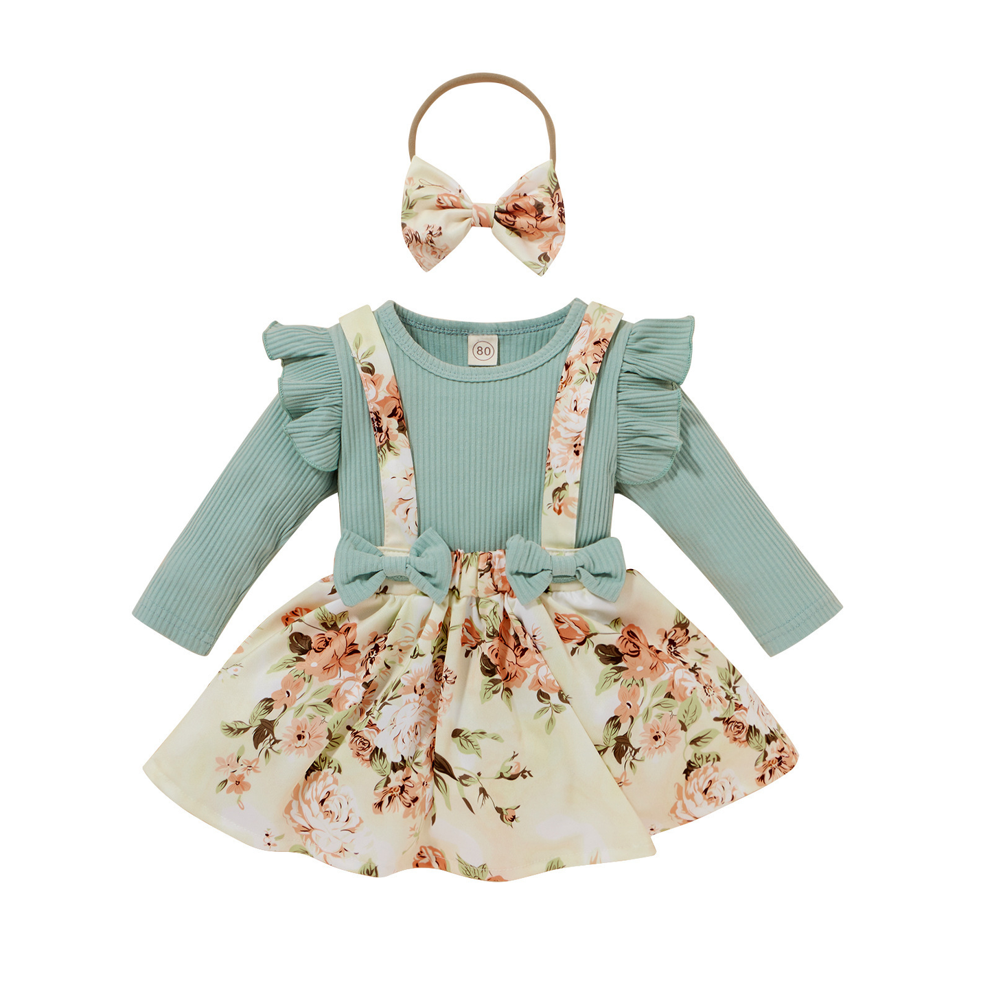 Girl's Ribbed Blouse & Floral Suspender Skirt Set With Headband