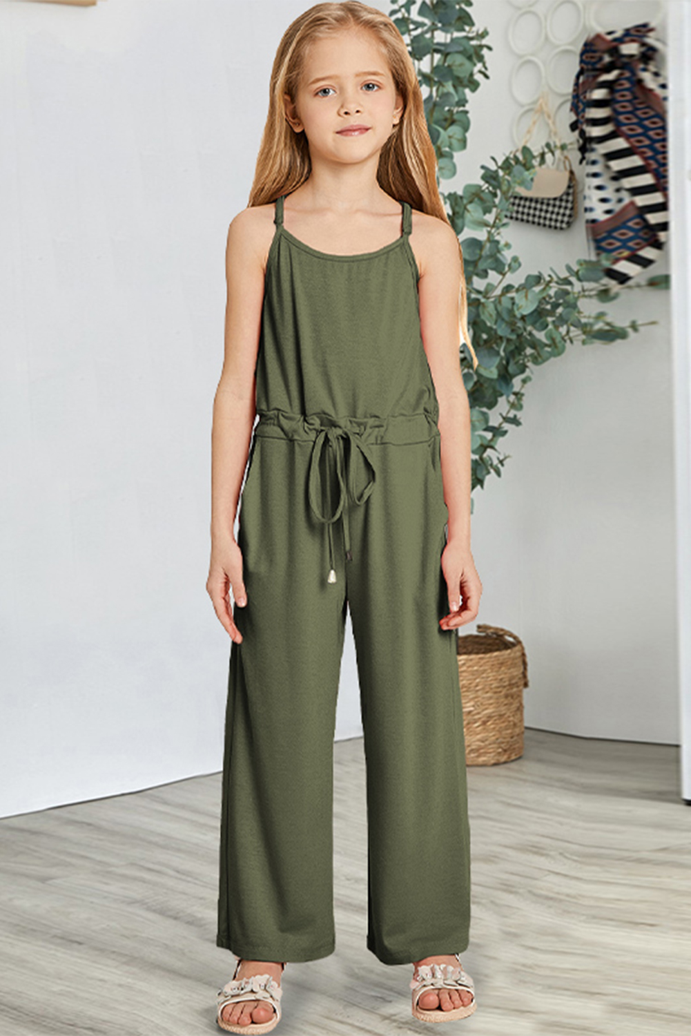 Green Spaghetti Strap Wide Leg Girls Jumpsuit