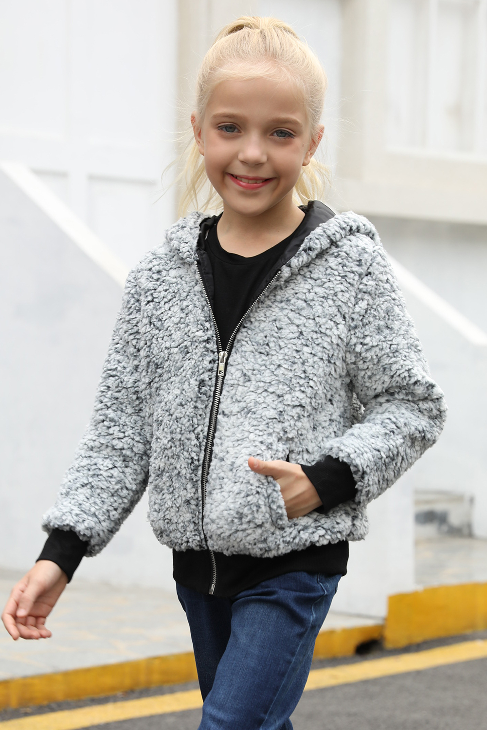 Gray Girls' Faux Fur Bomber Jacket