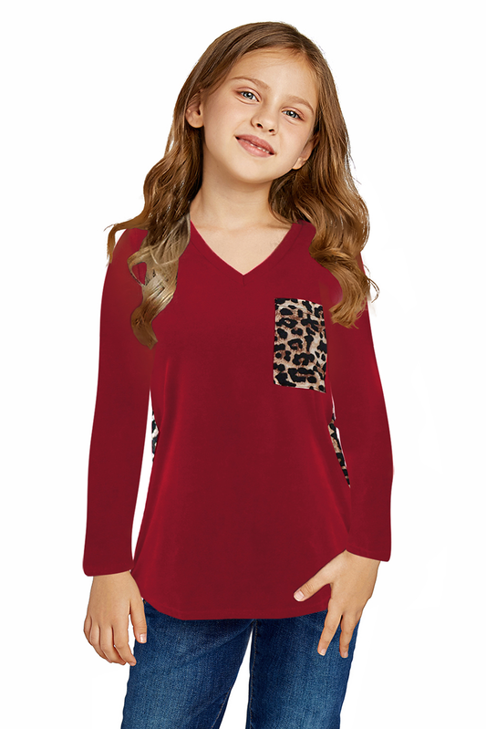 Red Leopard Patchwork Kids Long Sleeve Top