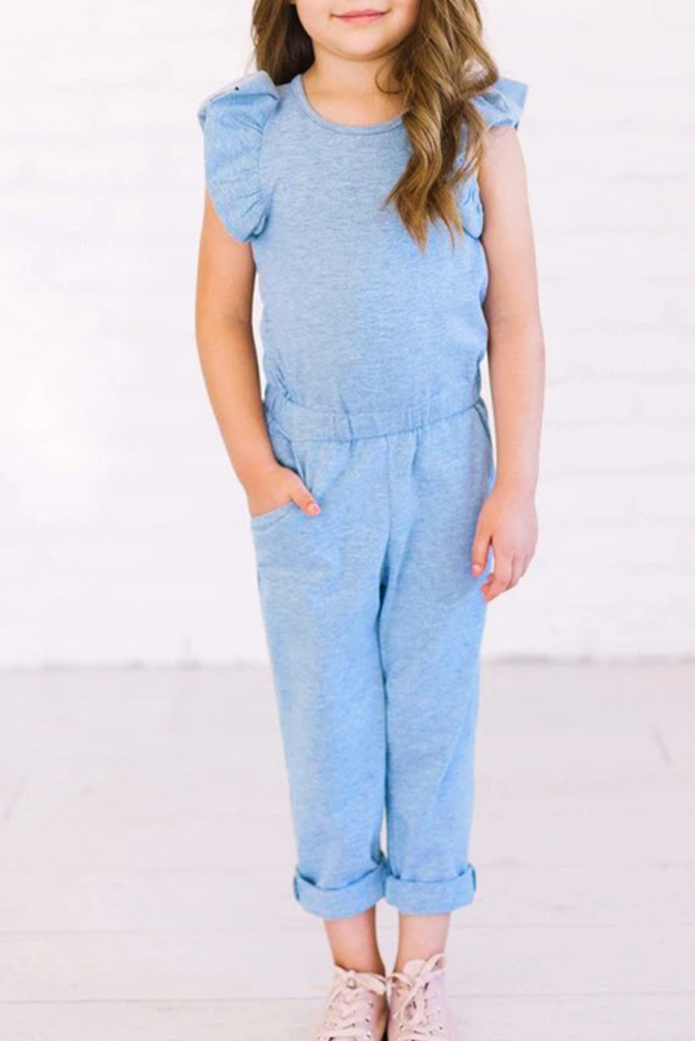 Sky Blue Little Girls Ruffled Shoulder Keyhole Back Jumpsuit With Pockets