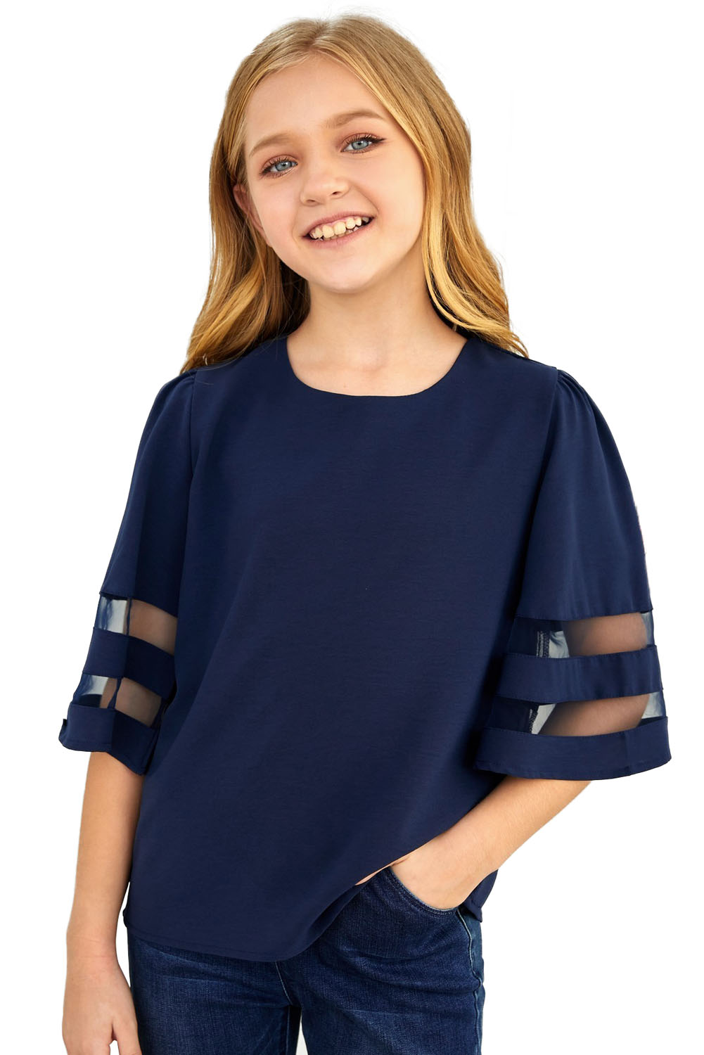 Dark Blue Girl's 3/4 Bell Sleeve Mesh Panel Blouse