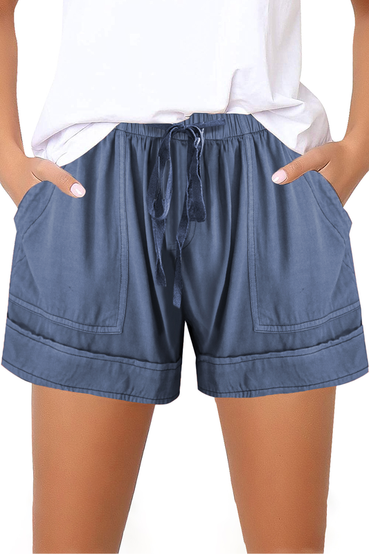 Blue Elastic Waist Drawstring Girl's Shorts With Pockets