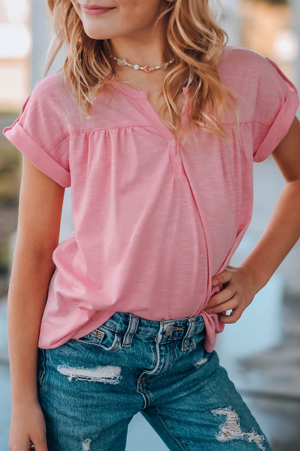 Pink Roll Up Short Sleeve Girls' Top With Buttons