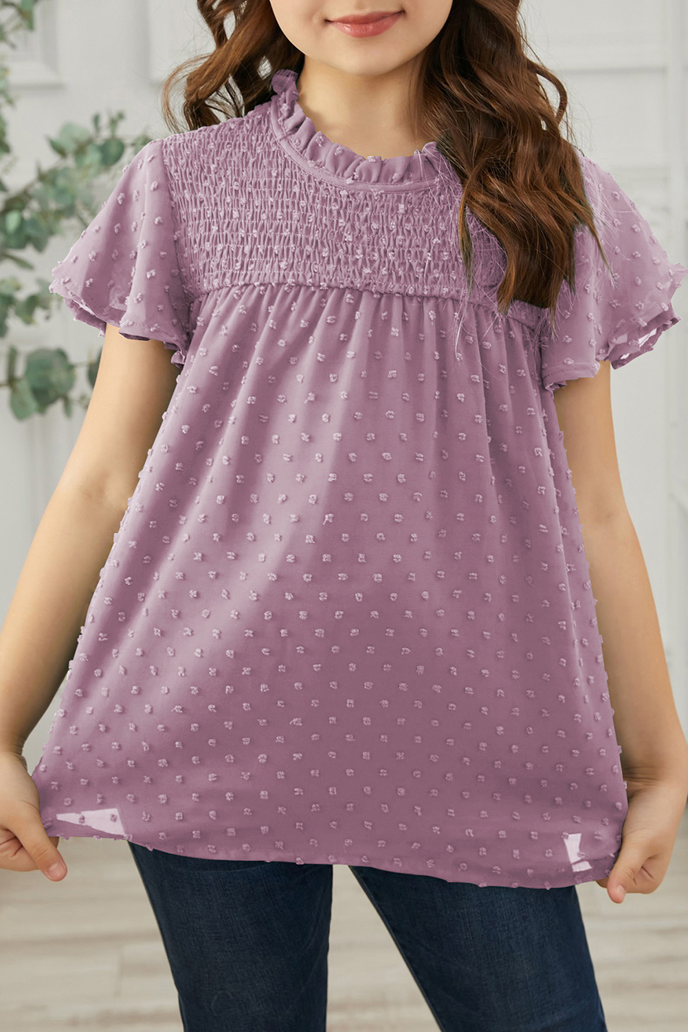 Purple Little Girl Swiss Dot Ruffle Sleeves Top