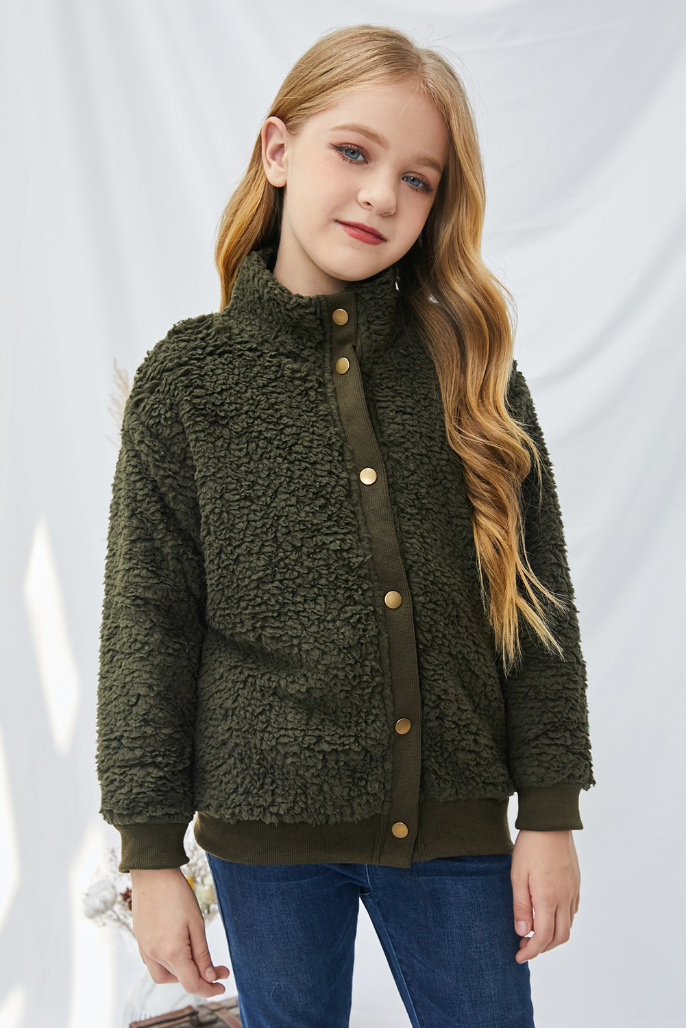 Green Buttoned Solid Fleece Girl's Coat