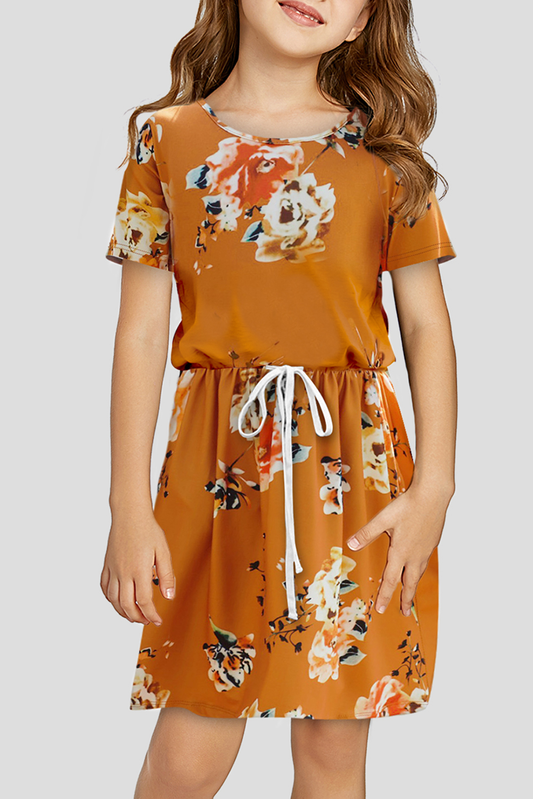 Orange Floral Print Drawstring Short Sleeve Girl's Mini Dress