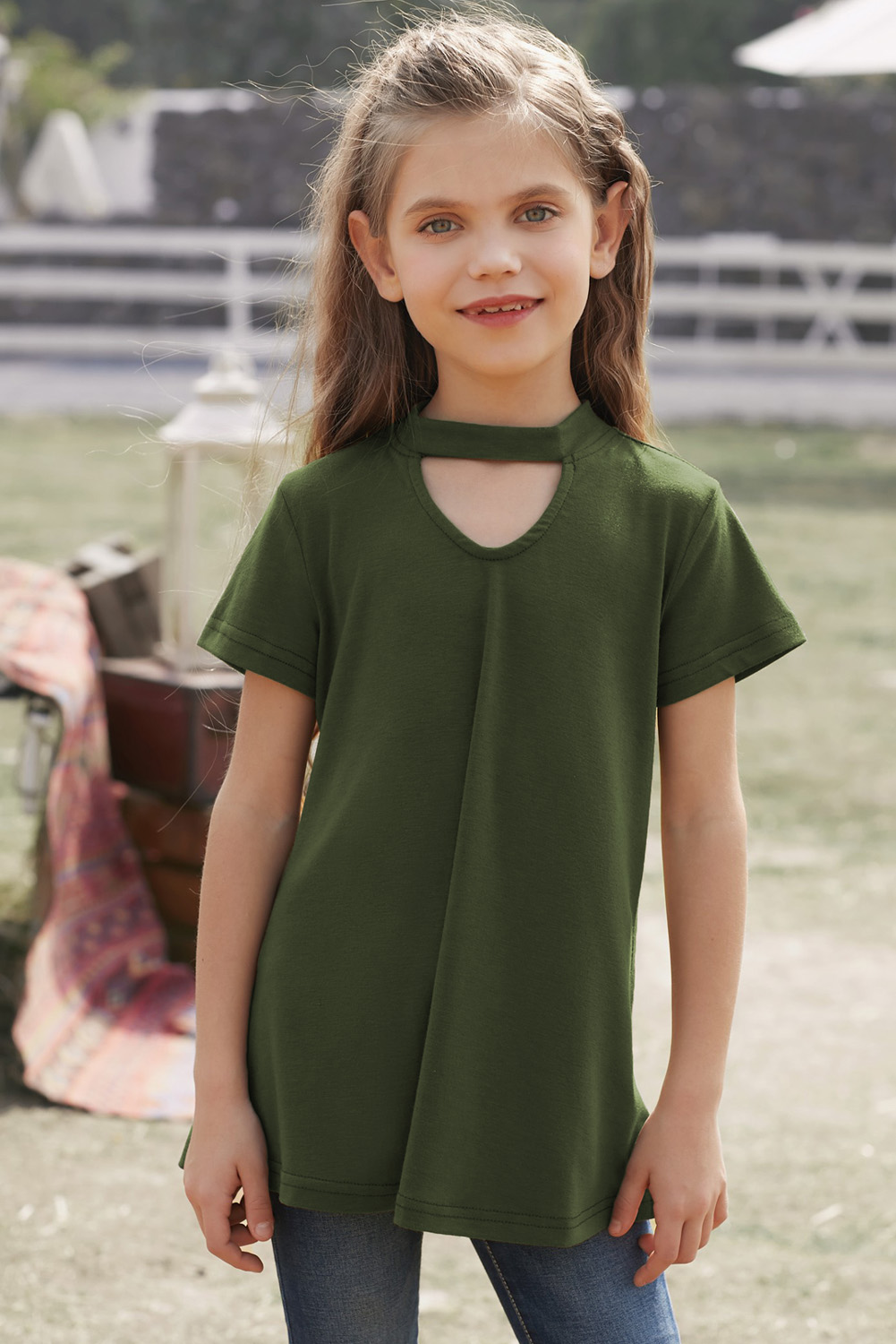 Green Keyhole Girl’s Short Sleeves Top