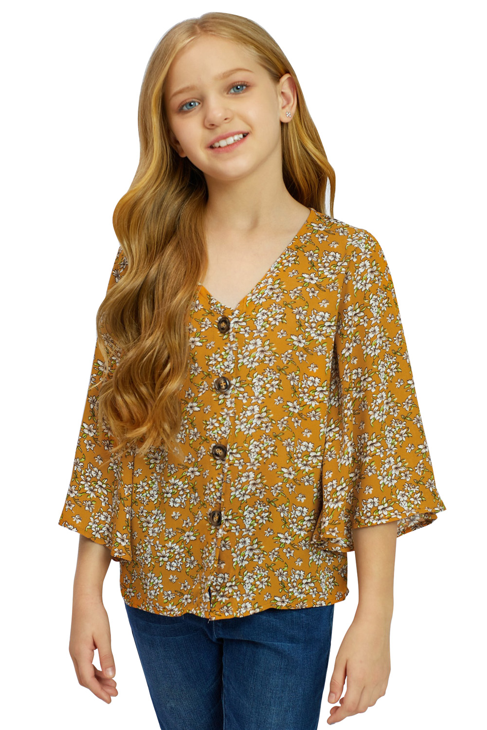 Yellow Floral V Neck Ruffled Sleeve Buttons Girl's Blouse