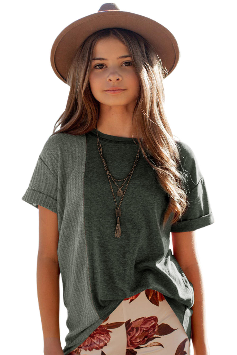 Green Girls Patchwork Short Sleeve Waffle Knit Top