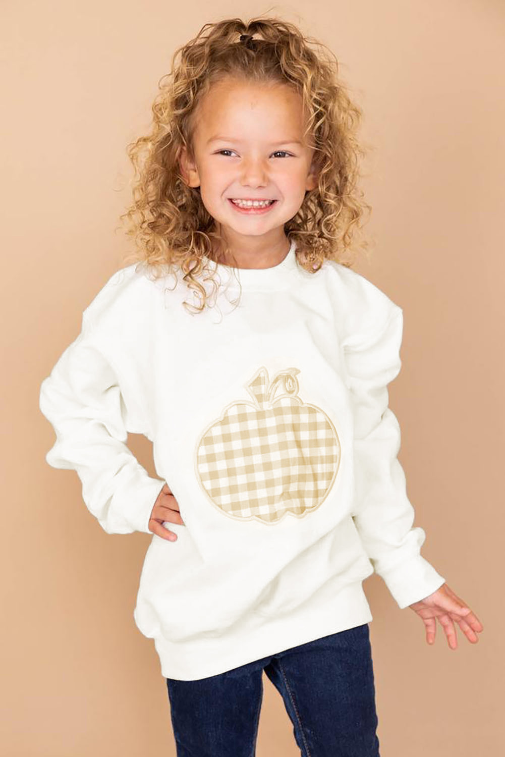 White Plaid Pumpkin Print Girls Pullover Sweatshirt