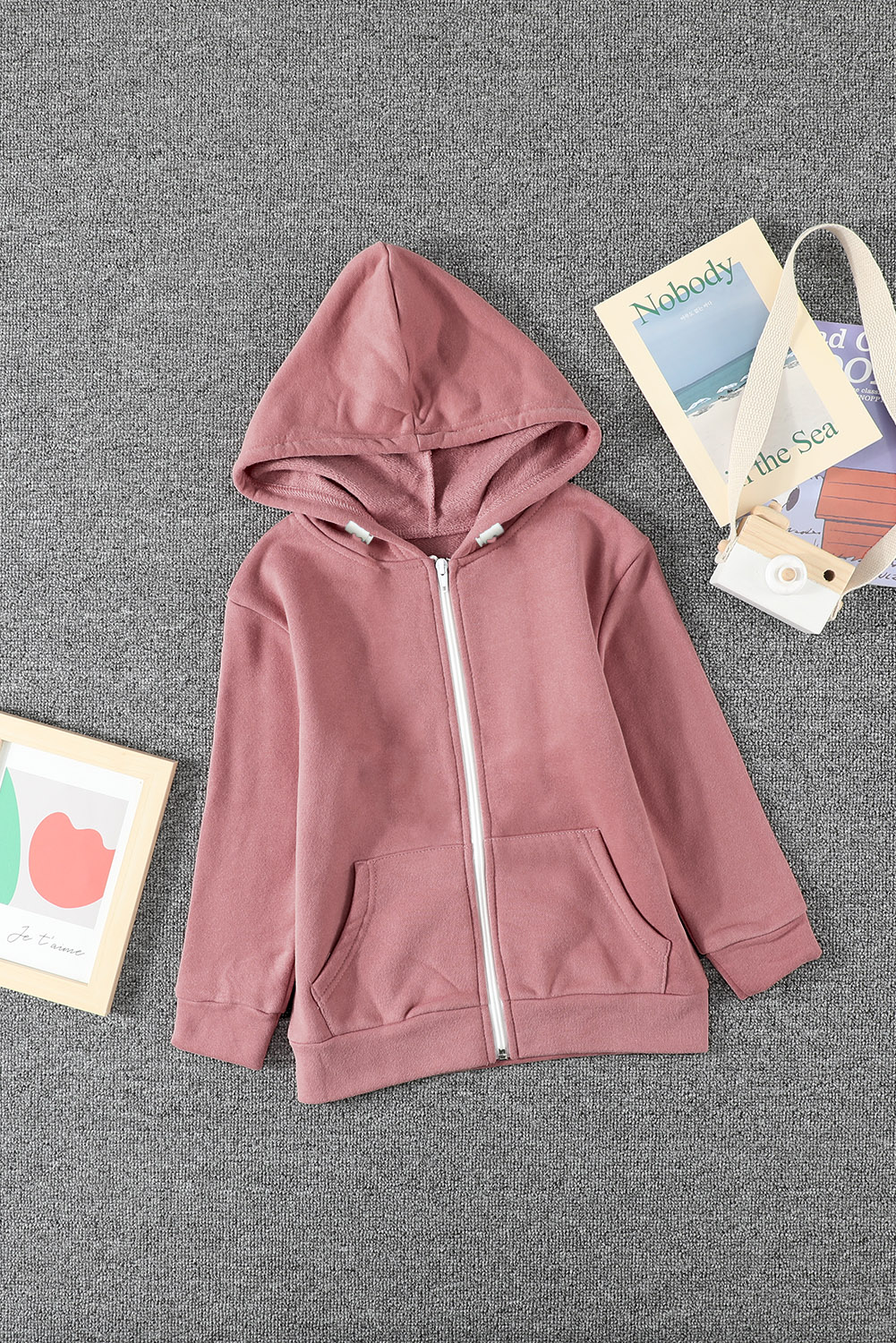 Pink Zipper Hooded Girl’s Coat With Pocket