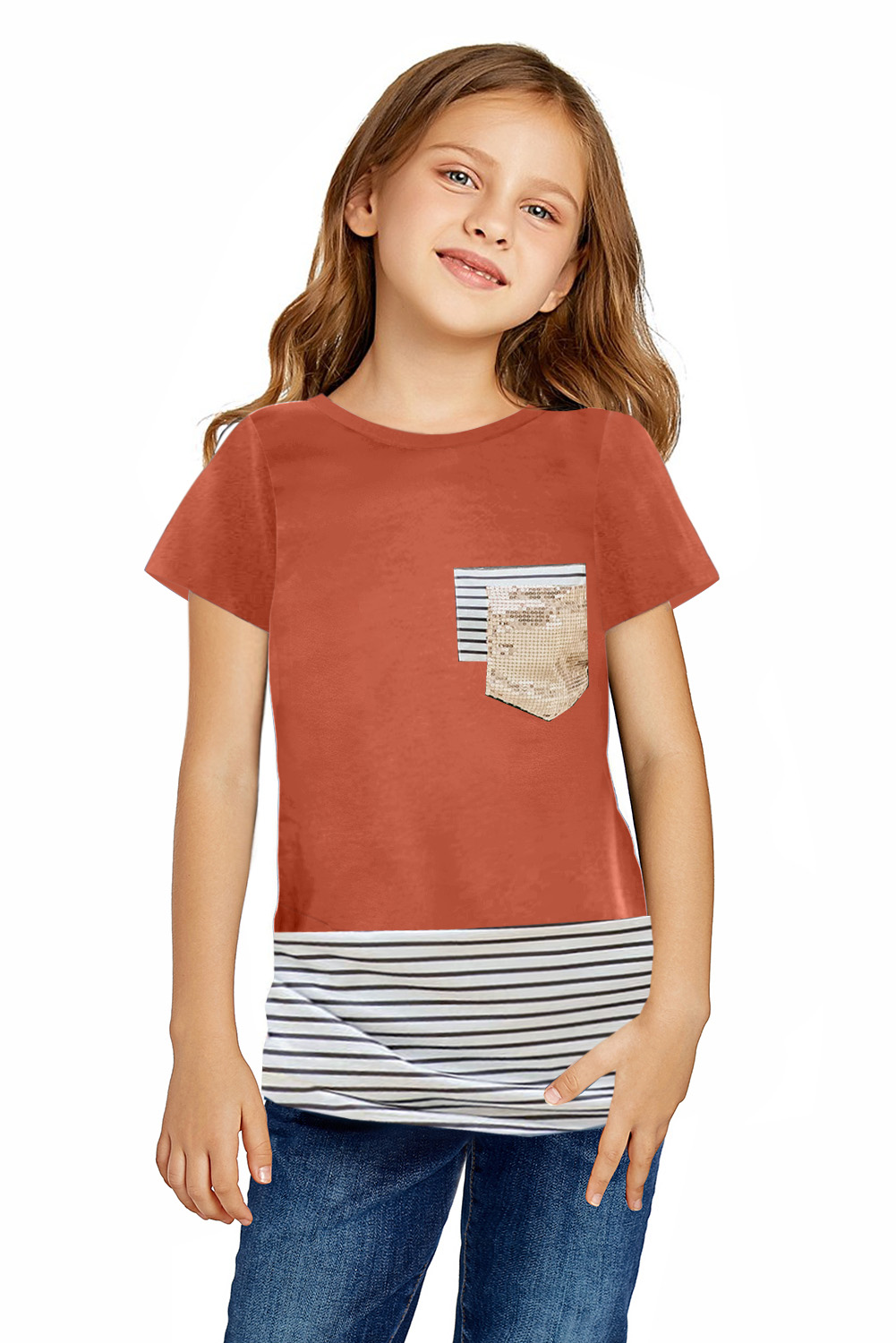 Sequins Pocket Splicing Stripes Girls' T-Shirt