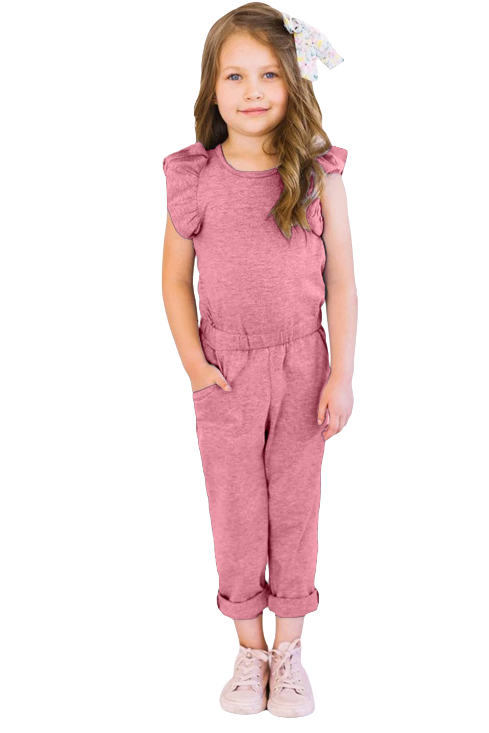 Pink Little Girls Ruffled Shoulder Keyhole Back Jumpsuit With Pockets