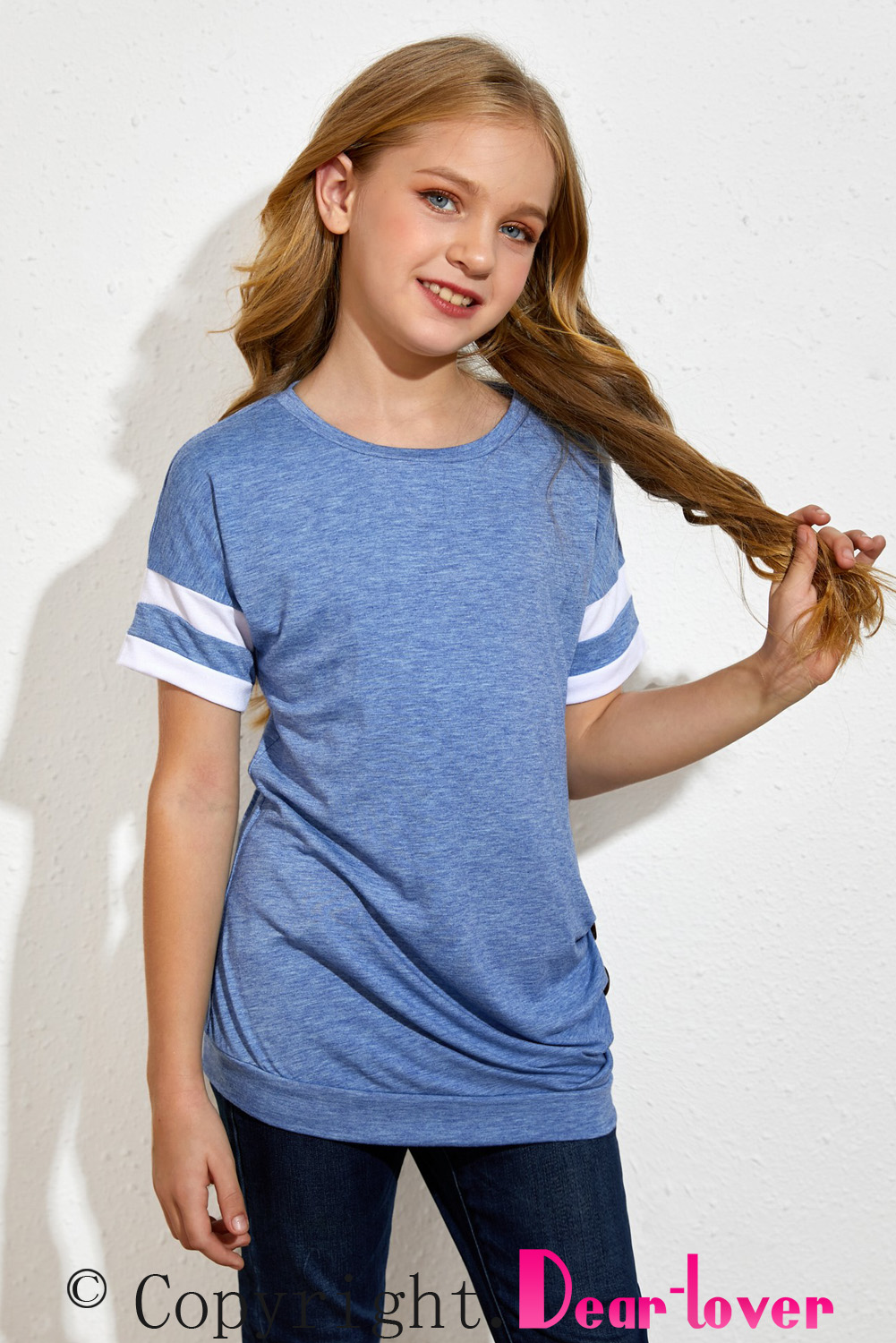 Sky Blue Striped Sleeves Little Girl Tee With Buttoned Side