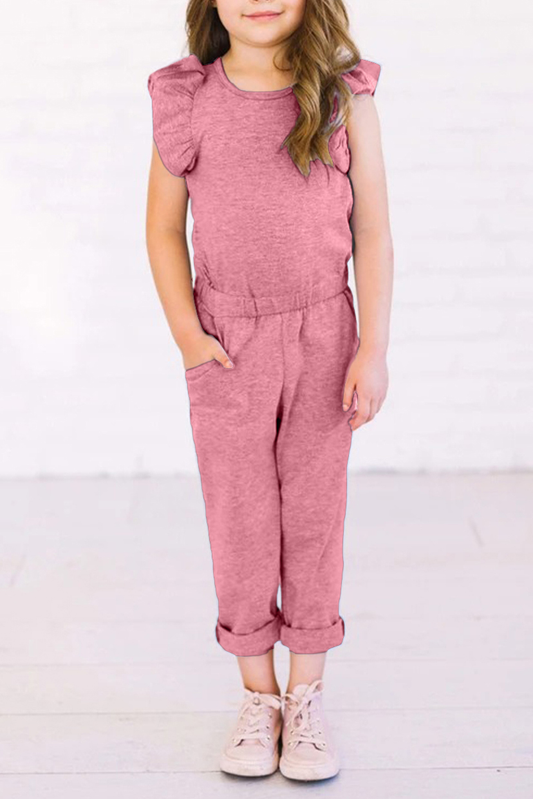 Pink Little Girls Ruffled Shoulder Keyhole Back Jumpsuit With Pockets