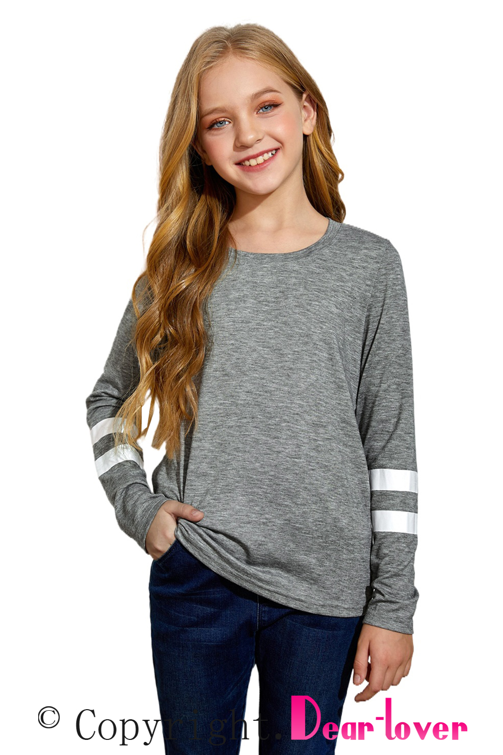 Gray Crewneck Striped Color Block Girl's Long Sleeve Top