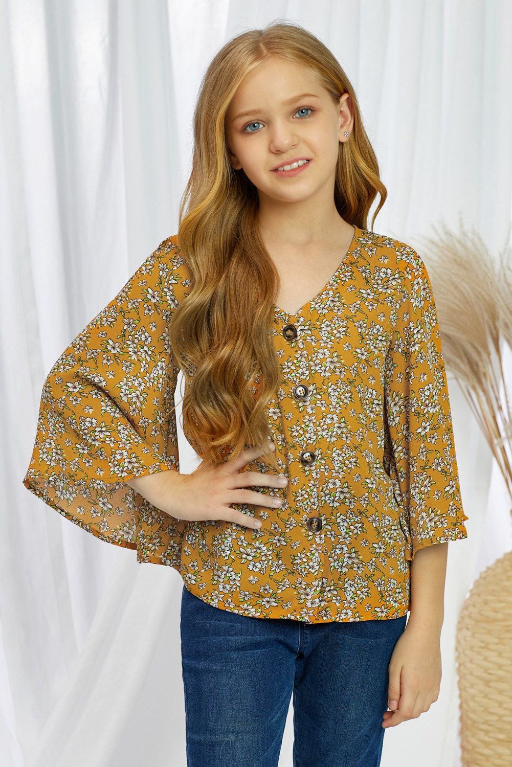 Yellow Floral V Neck Ruffled Sleeve Buttons Girl's Blouse