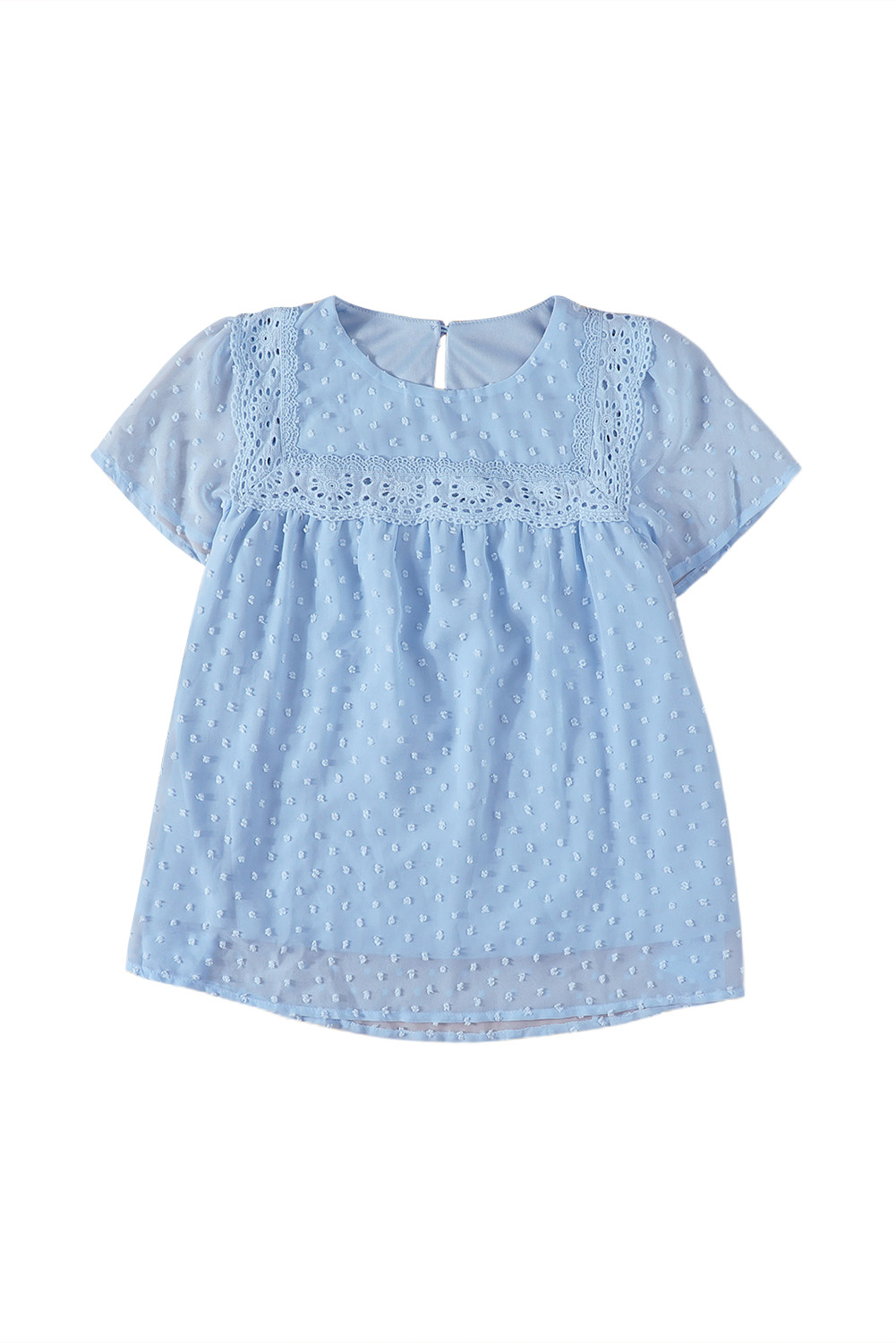 Sky Blue Swiss Dot Print Hollow Out Girl's Blouse