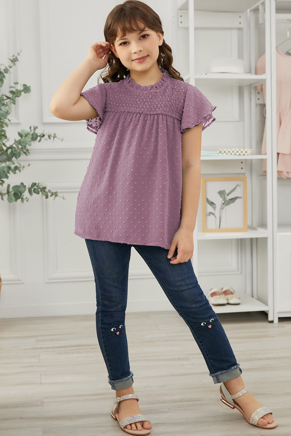 Purple Little Girl Swiss Dot Ruffle Sleeves Top