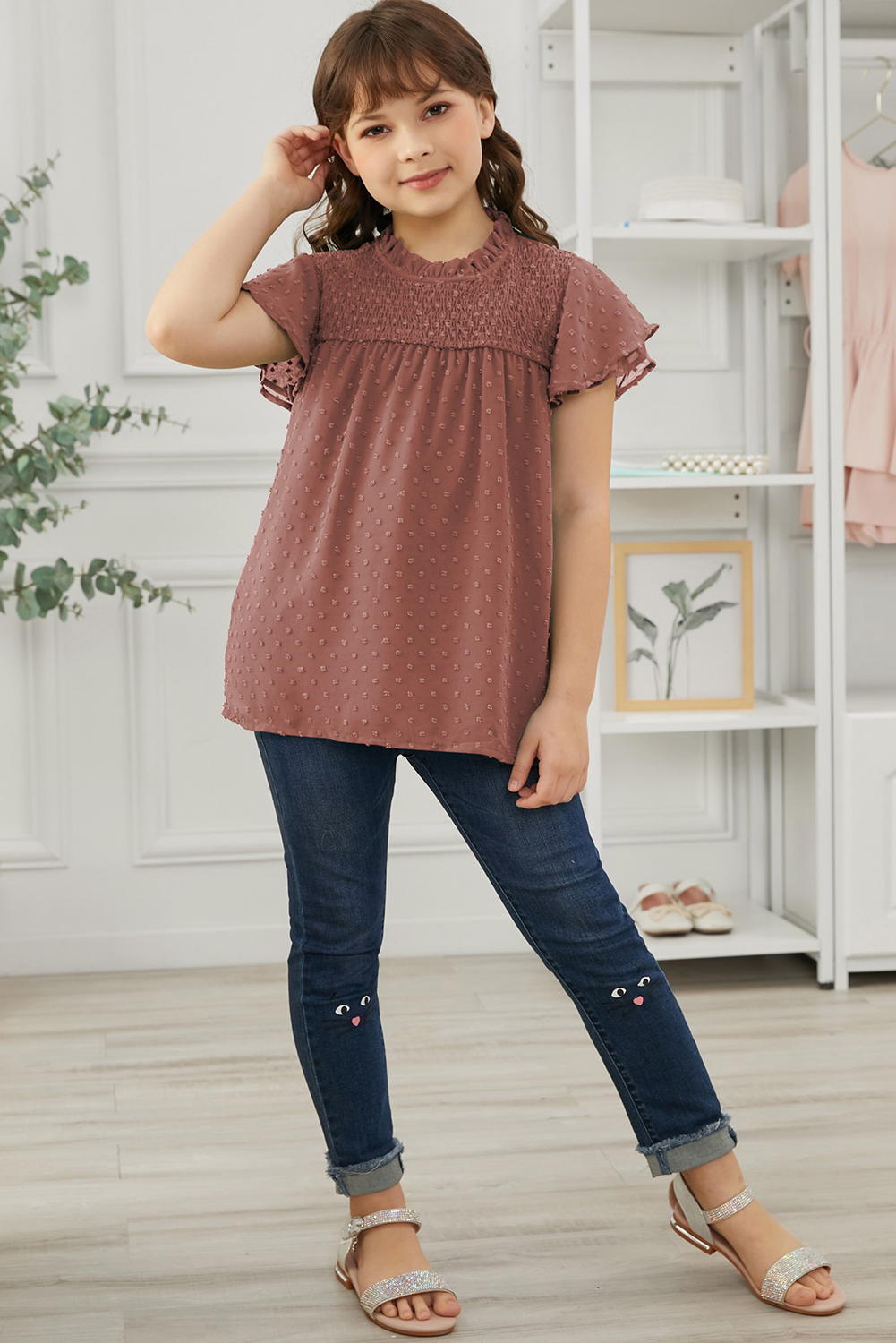 Little Girl Swiss Dot Ruffle Sleeves Top