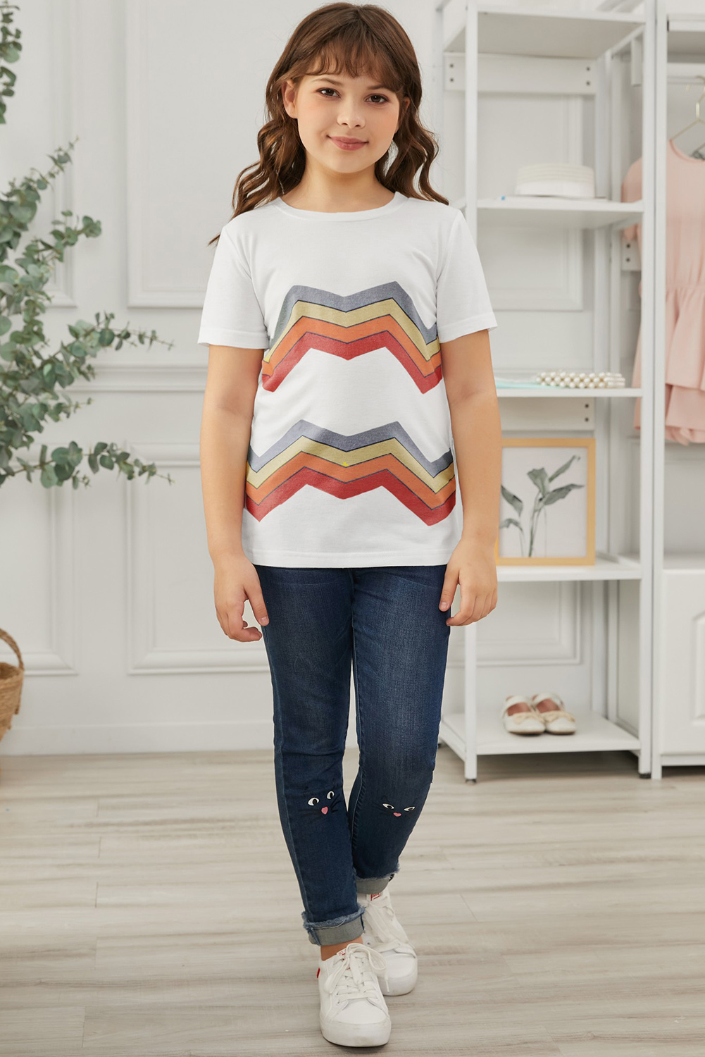 White Colorblock Striped Girls' T-Shirt