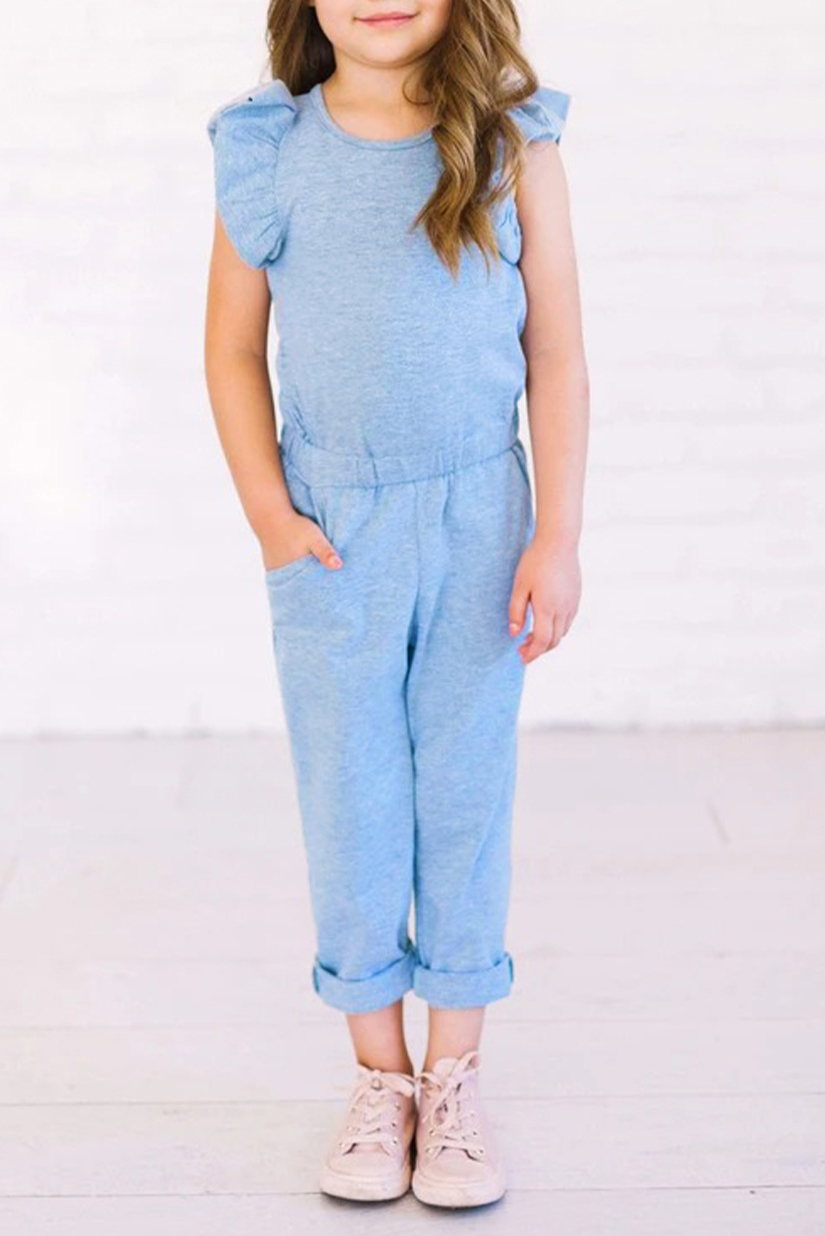 Sky Blue Little Girls Ruffled Shoulder Keyhole Back Jumpsuit With Pockets