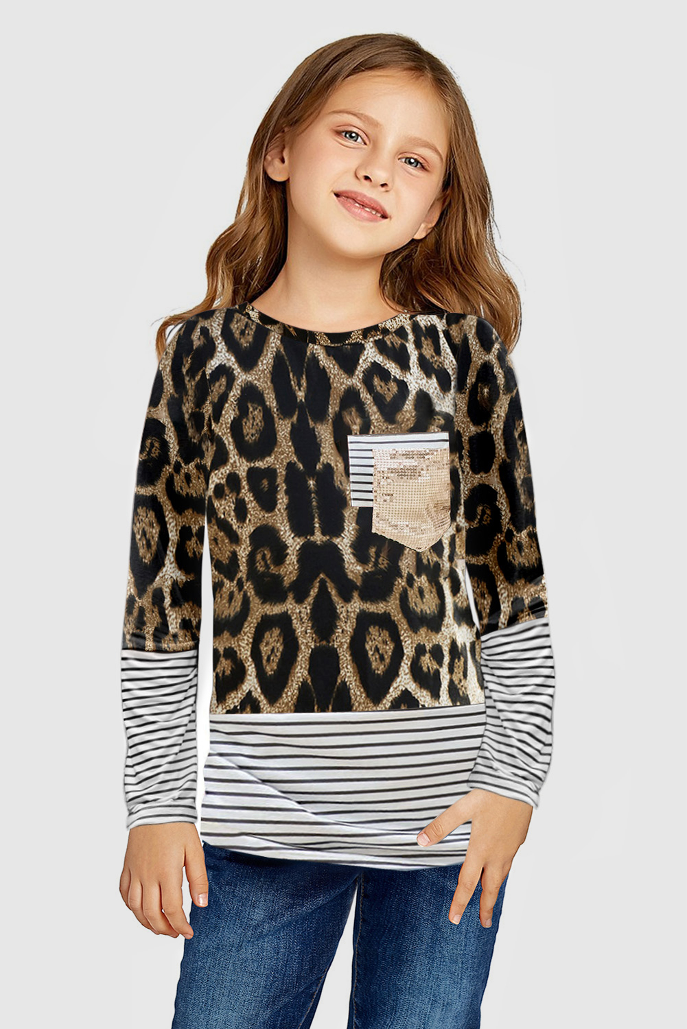 Leopard Stripe Patchwork Sequin Pocket Long Sleeve Girl's Top