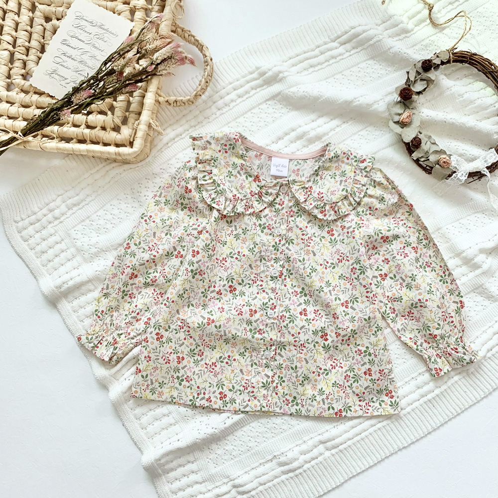 Girls Doll Collar Puff Sleeve Disty Floral Single-Breasted Blouse