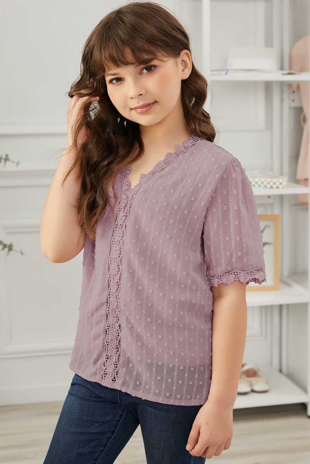 Pink Swiss Dot Lace Short Sleeve Girls Top