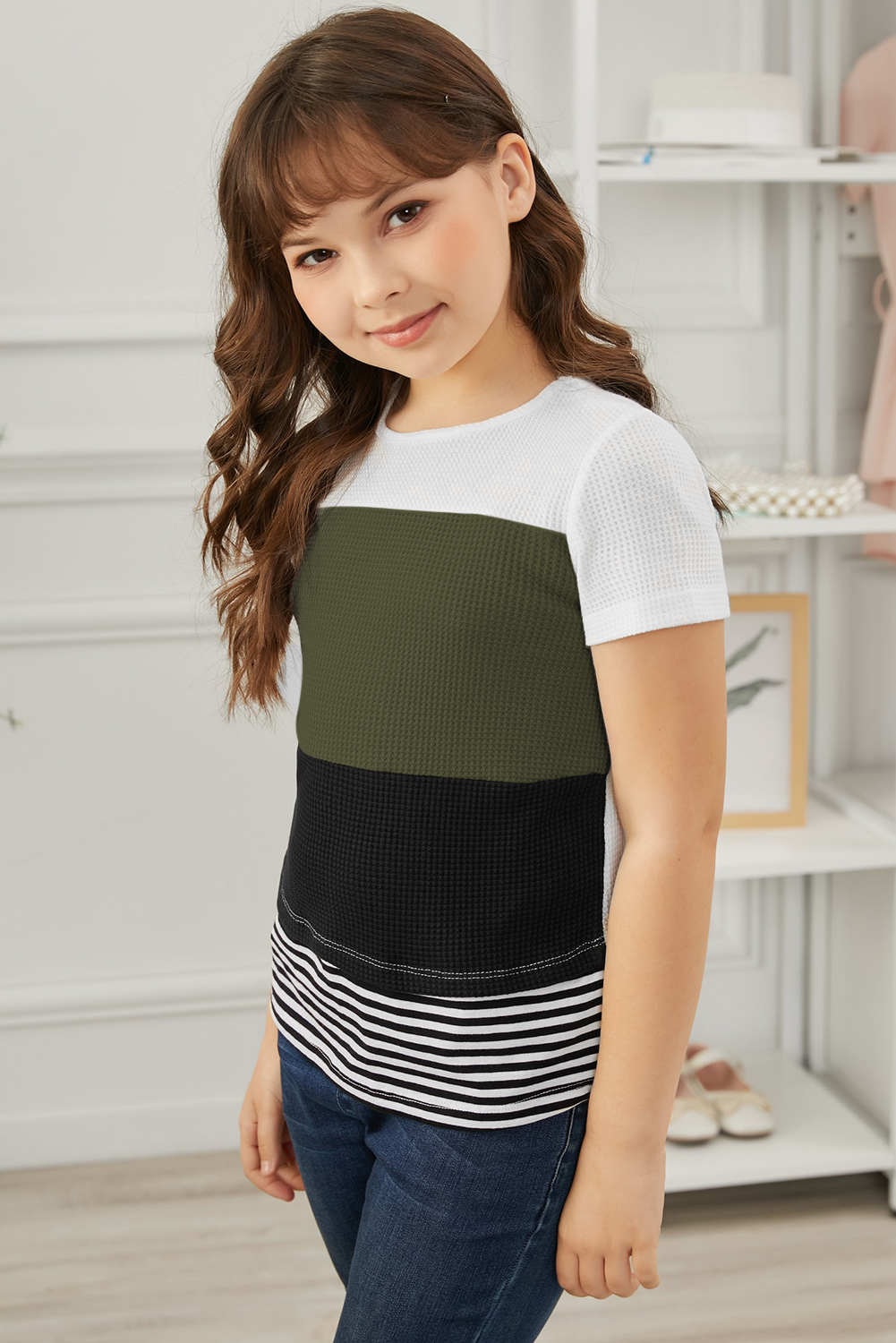 Green Parent-Child Colorblock Striped Girls' T-Shirt